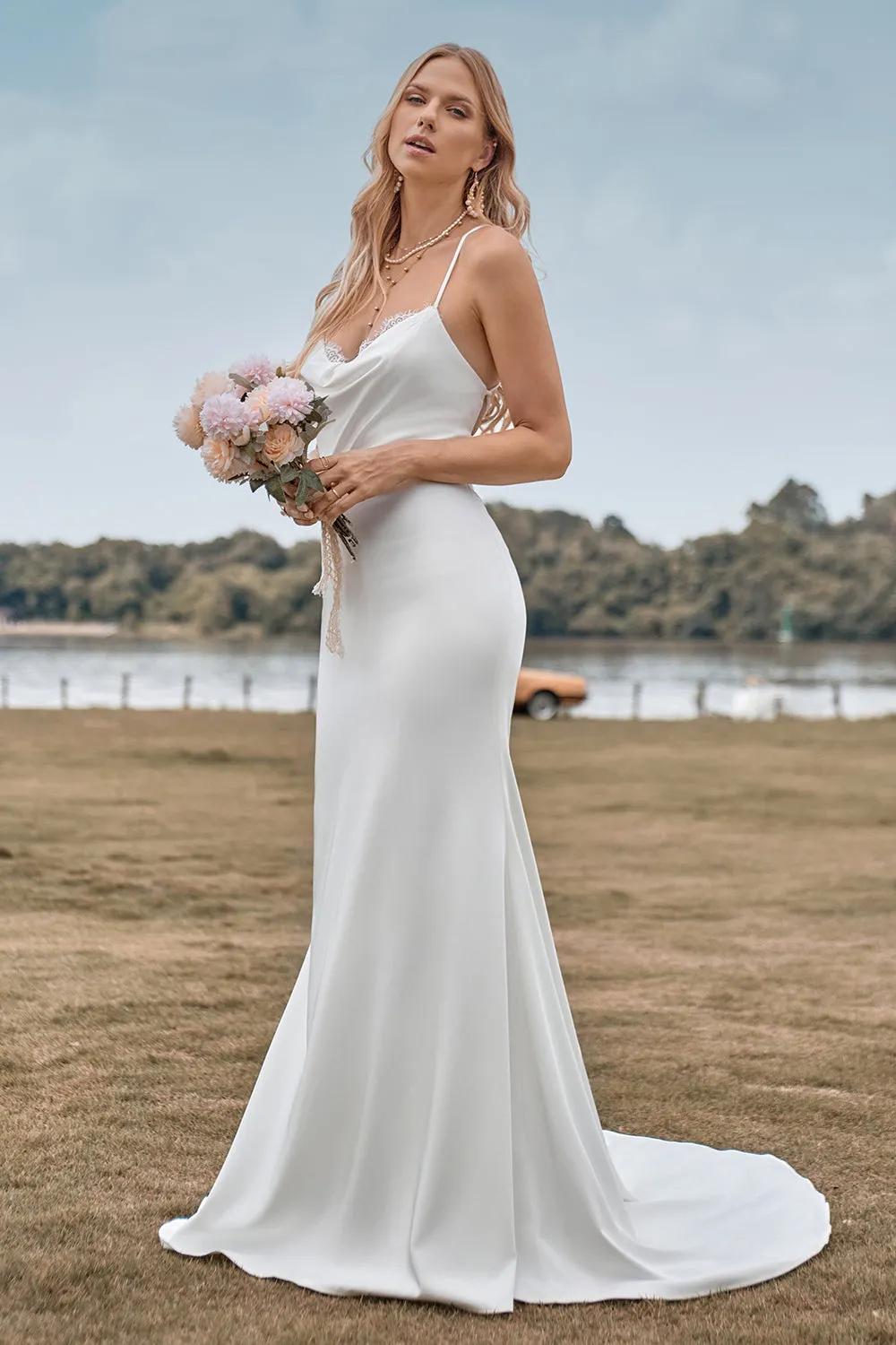 Simple Spaghetti Straps White Bridal Dress with Criss Cross Back sold by Zapaka product image thumbnail 3