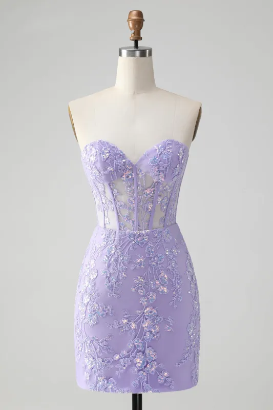 Lilac Corset Sequins Sweetheart Short Embroidery Homecoming Dress with Lace-up Back sold by Zapaka