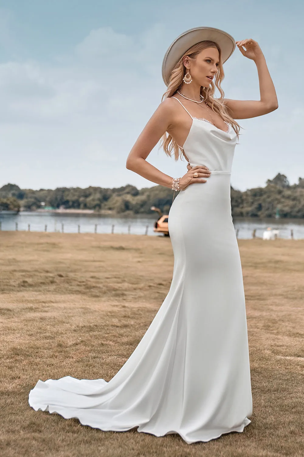 Simple Spaghetti Straps White Bridal Dress with Criss Cross Back sold by Zapaka product image thumbnail 5