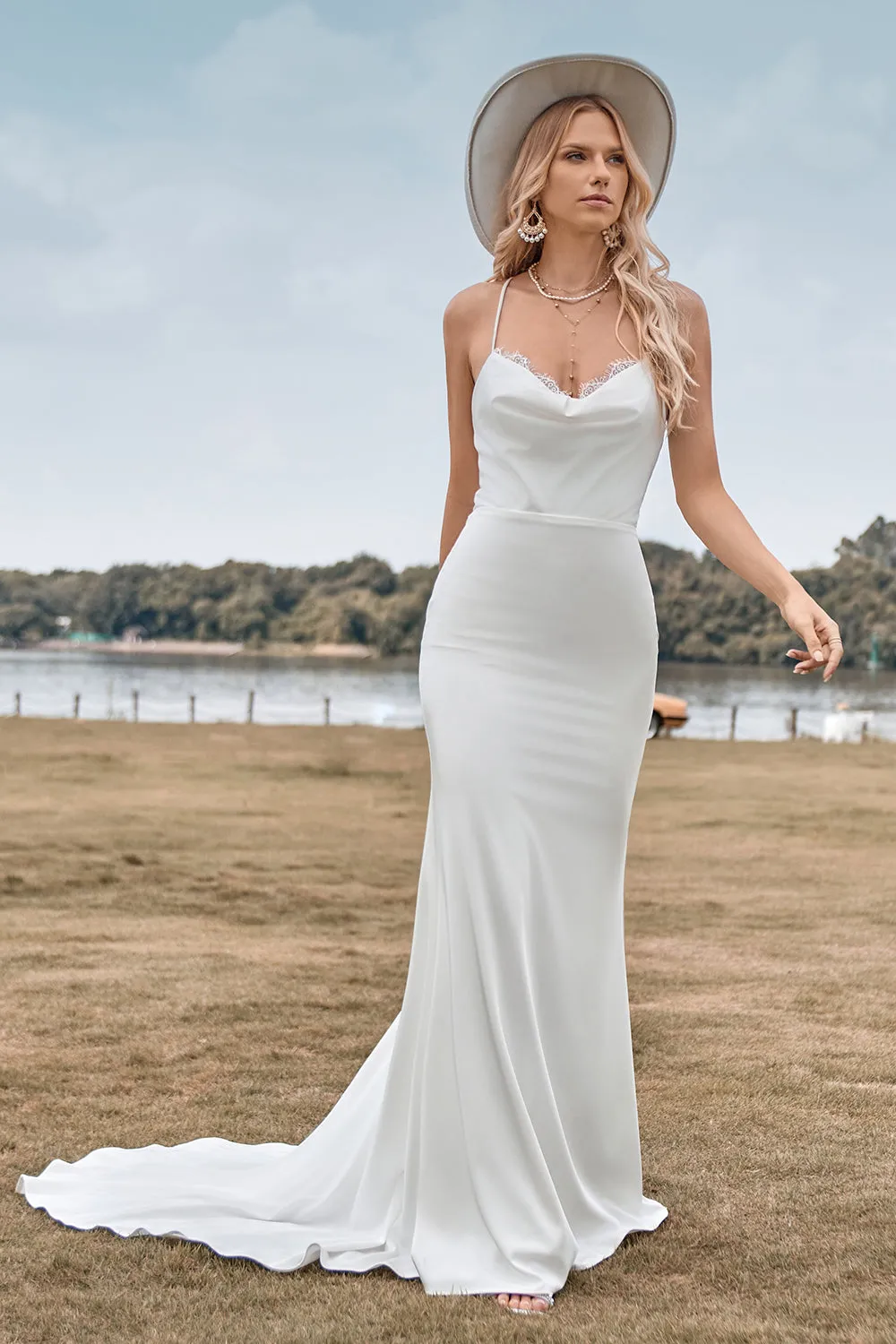 Simple Spaghetti Straps White Bridal Dress with Criss Cross Back sold by Zapaka product image thumbnail 4