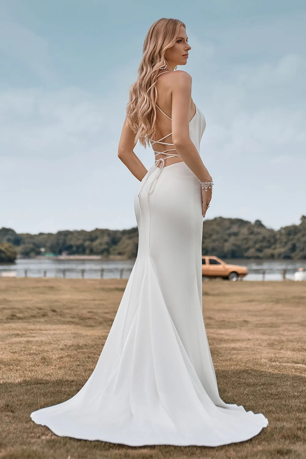 Simple Spaghetti Straps White Bridal Dress with Criss Cross Back sold by Zapaka product image thumbnail 2