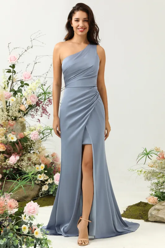 Dusty Blue One Shoulder Sheath Long Bridesmaid Dress with Slit sold by Zapaka