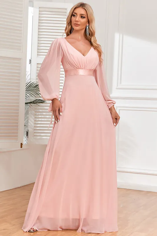 Chiffon V-Neck Blush Formal Dress with Long Sleeves sold by Zapaka