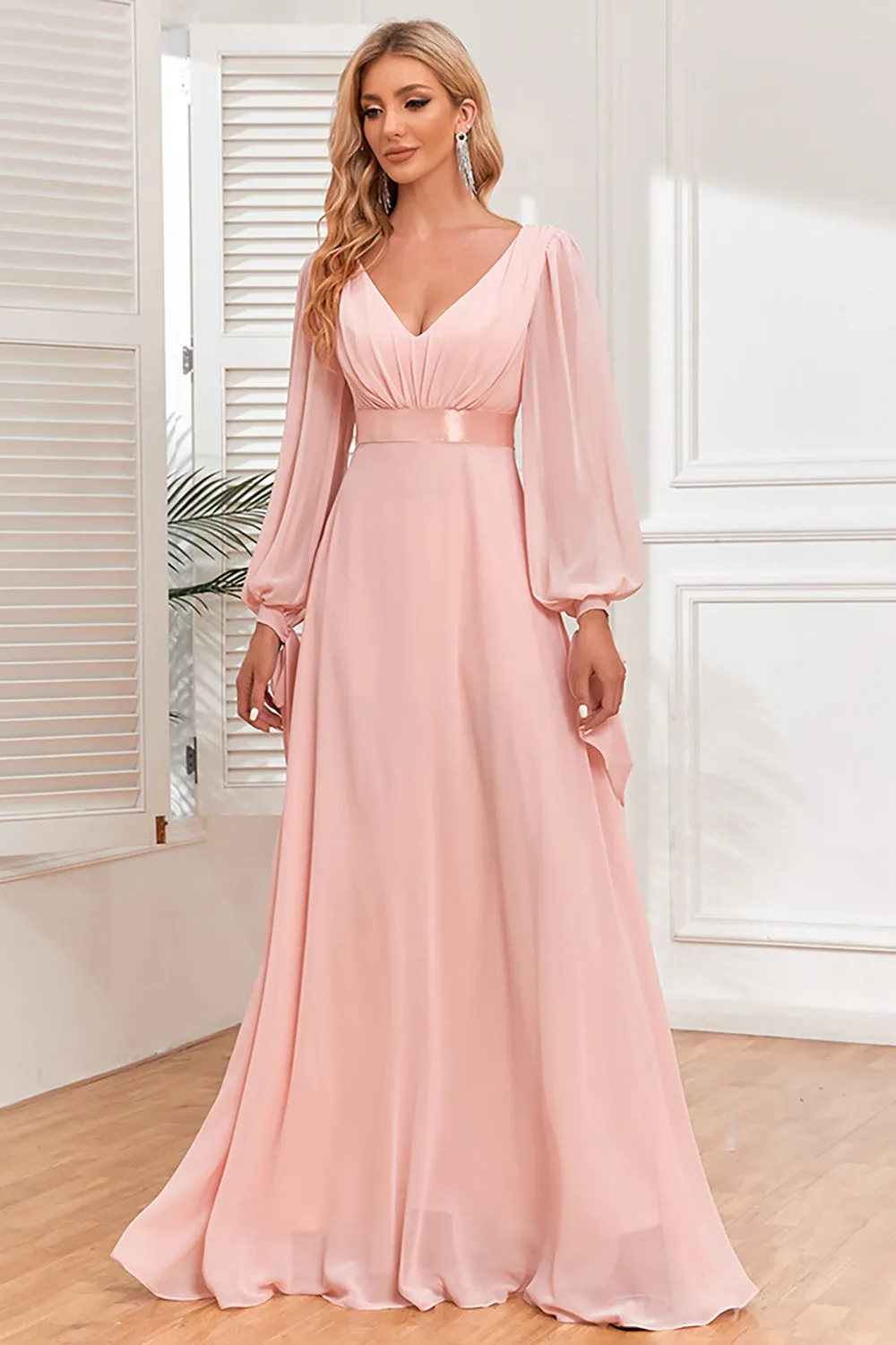 Chiffon V-Neck Blush Formal Dress with Long Sleeves sold by Zapaka product image thumbnail 4