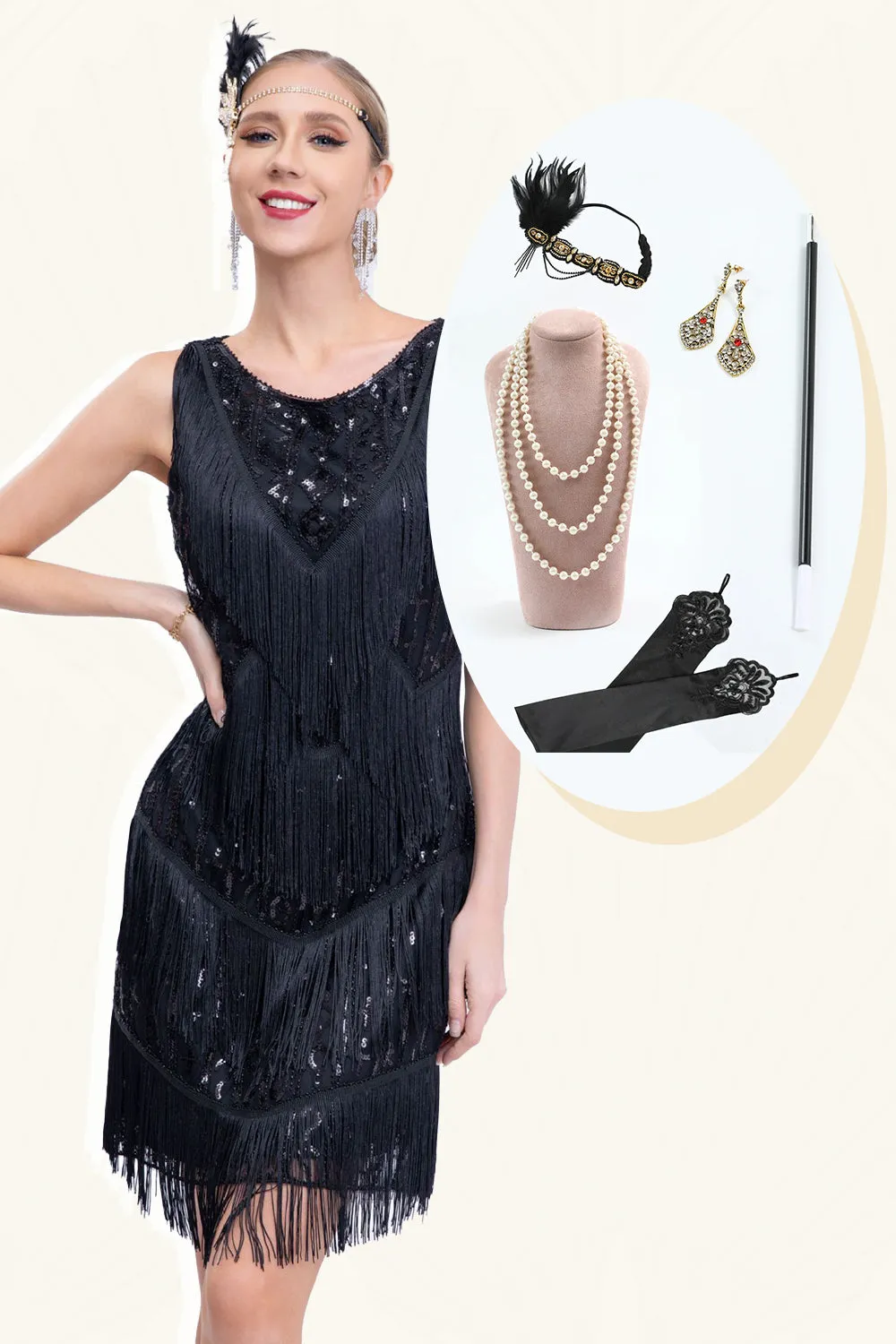 Black Fringed 1920s Gatsby Dress with Sequins with 20s Accessories Set sold by Zapaka