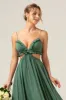 Eucalyptus Spaghetti Straps Hollow-out Long Bridesmaid Dress with Ruffles sold by Zapaka