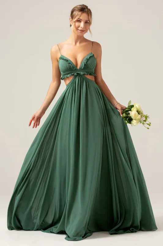 Eucalyptus Spaghetti Straps Hollow-out Long Bridesmaid Dress with Ruffles sold by Zapaka