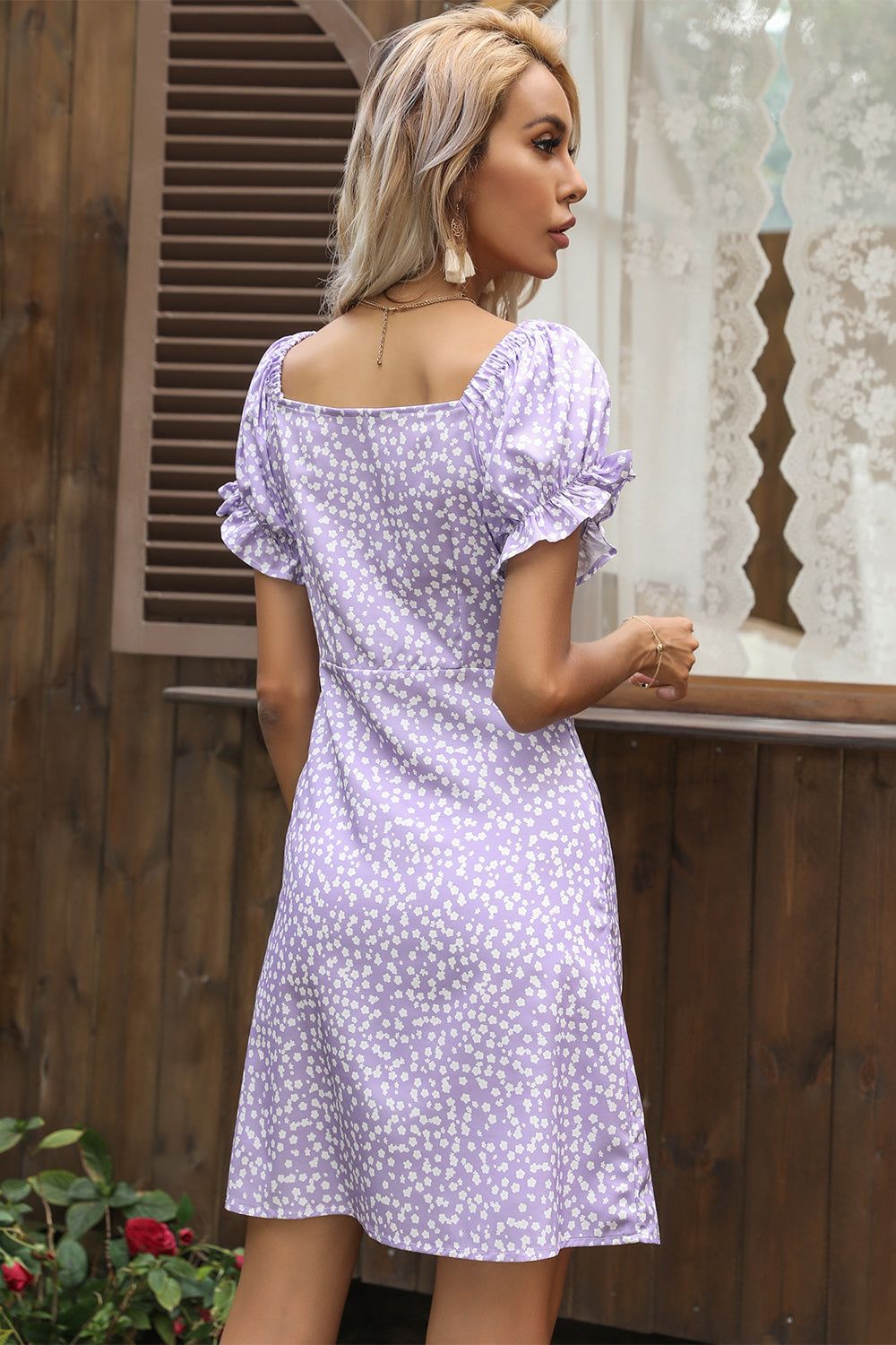 Square Neck Purple Floral Print Summer Dress sold by Zapaka product image thumbnail 2