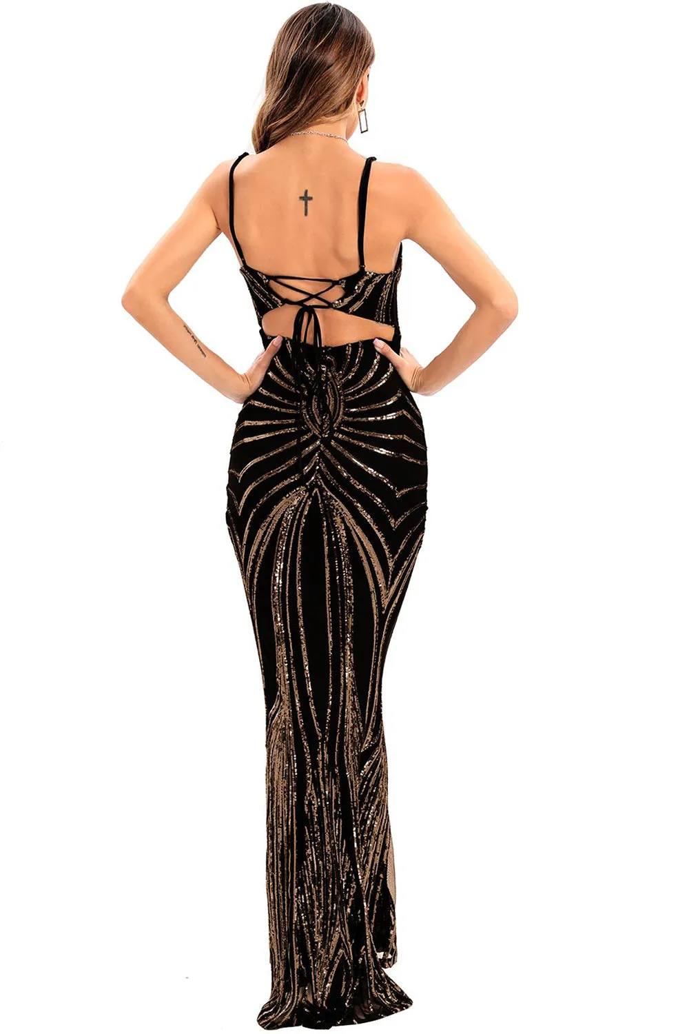 Black Sequin Spaghetti Strap Backless Bodycon Long Evening Dress sold by Zapaka product image thumbnail 2