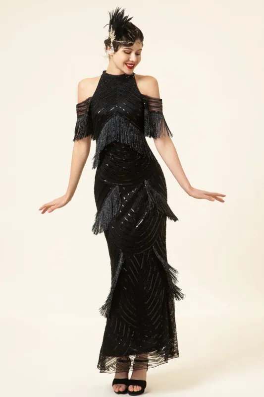 Sparkly Black Beaded Long Gatsby 1920s Dress with Fringes sold by Zapaka