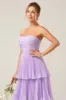 A-Line Sweetheart Tiered Chiffon Long Lilac Bridesmaid Dress sold by Zapaka