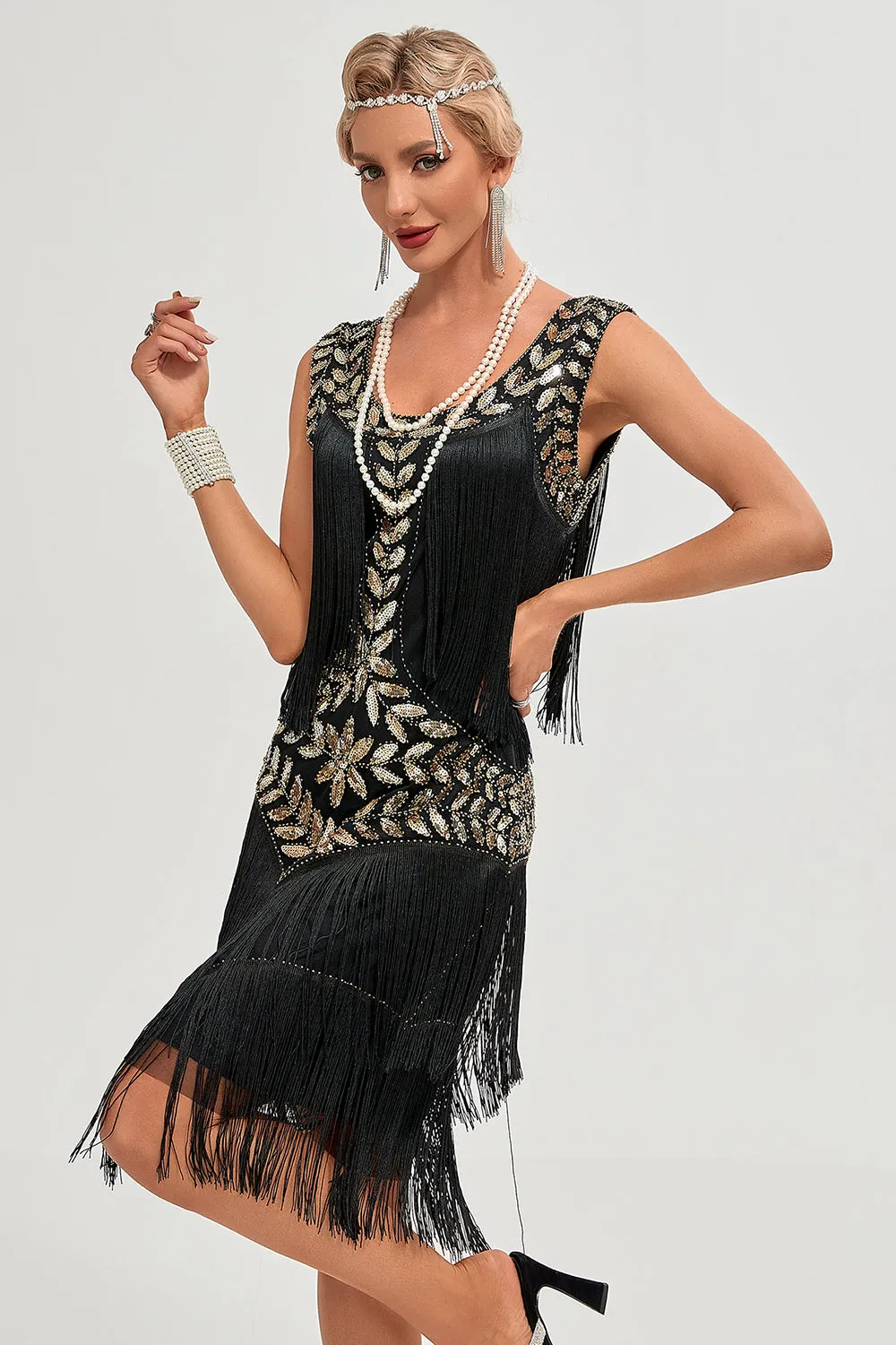 Black Gatsby 1920s Flapper Dress with Sequins and Fringes sold by Zapaka product image thumbnail 4