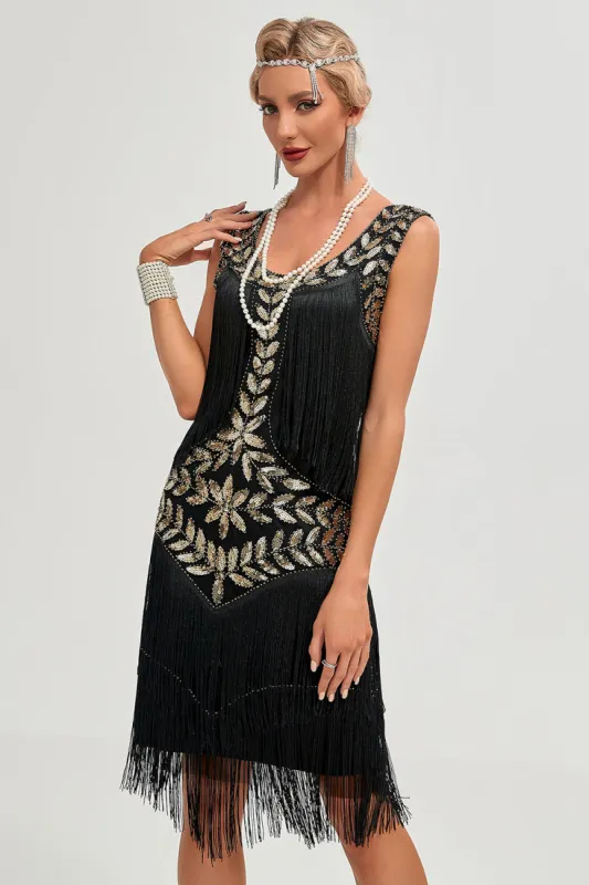 Black Gatsby 1920s Flapper Dress with Sequins and Fringes sold by Zapaka
