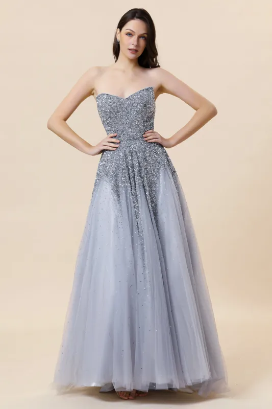 Sparkly Grey Beaded Tulle Sweetheart Long Prom Dress sold by Zapaka