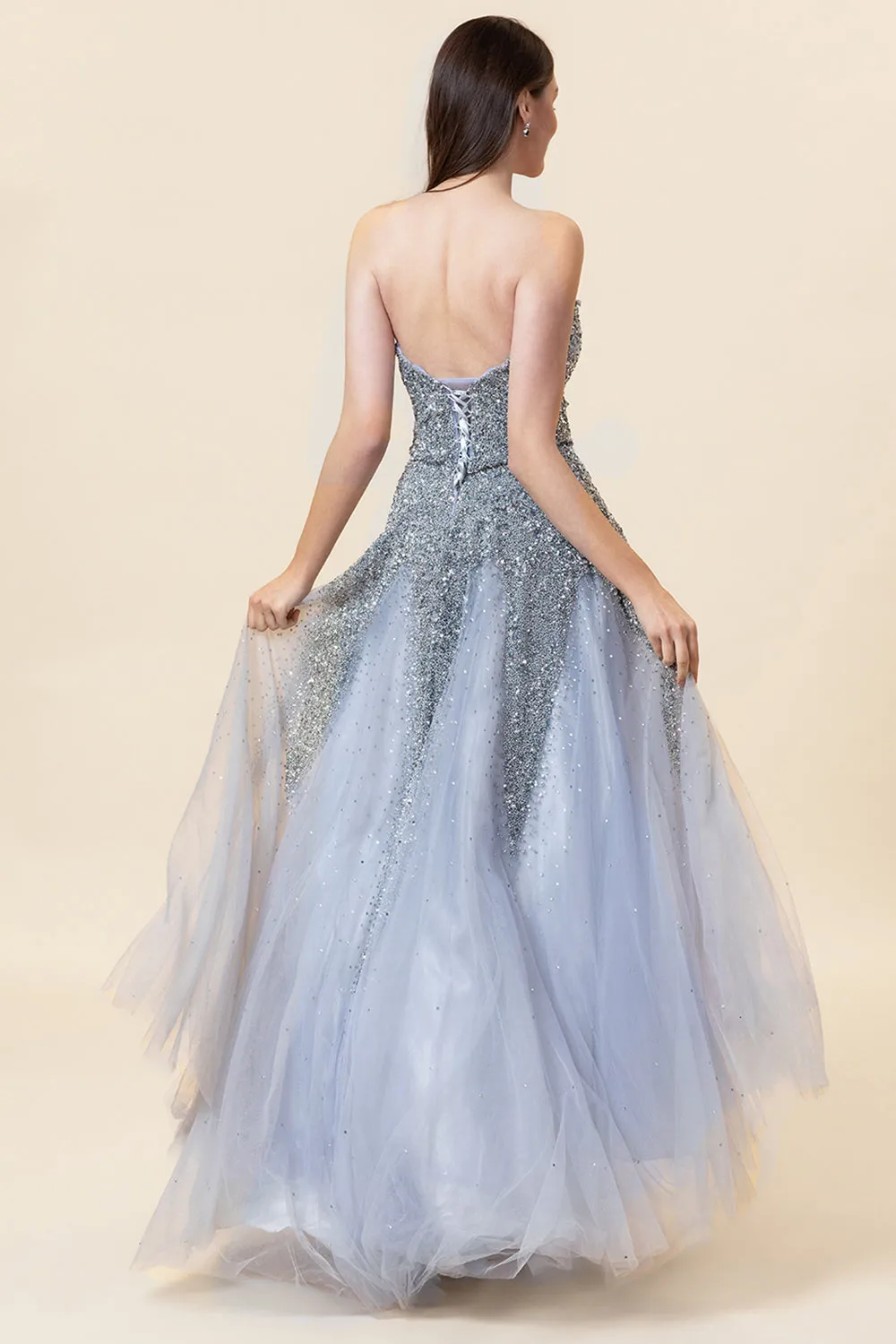 Sparkly Grey Beaded Tulle Sweetheart Long Prom Dress sold by Zapaka product image thumbnail 2