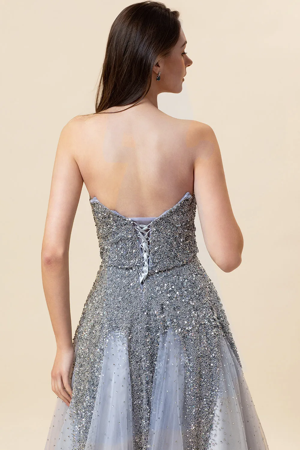 Sparkly Grey Beaded Tulle Sweetheart Long Prom Dress sold by Zapaka product image thumbnail 5