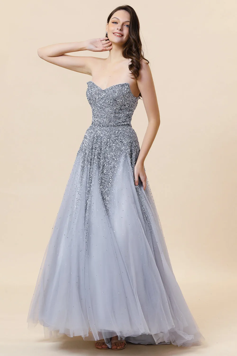 Sparkly Grey Beaded Tulle Sweetheart Long Prom Dress sold by Zapaka product image thumbnail 3