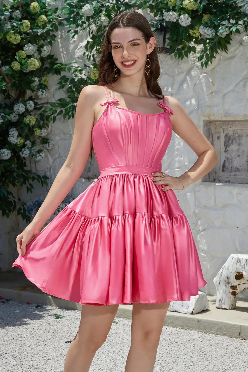 Stylish A-Line Spaghetti Straps Fuchsia Short Homecoming Dress with Bowknot sold by Zapaka product image thumbnail 4