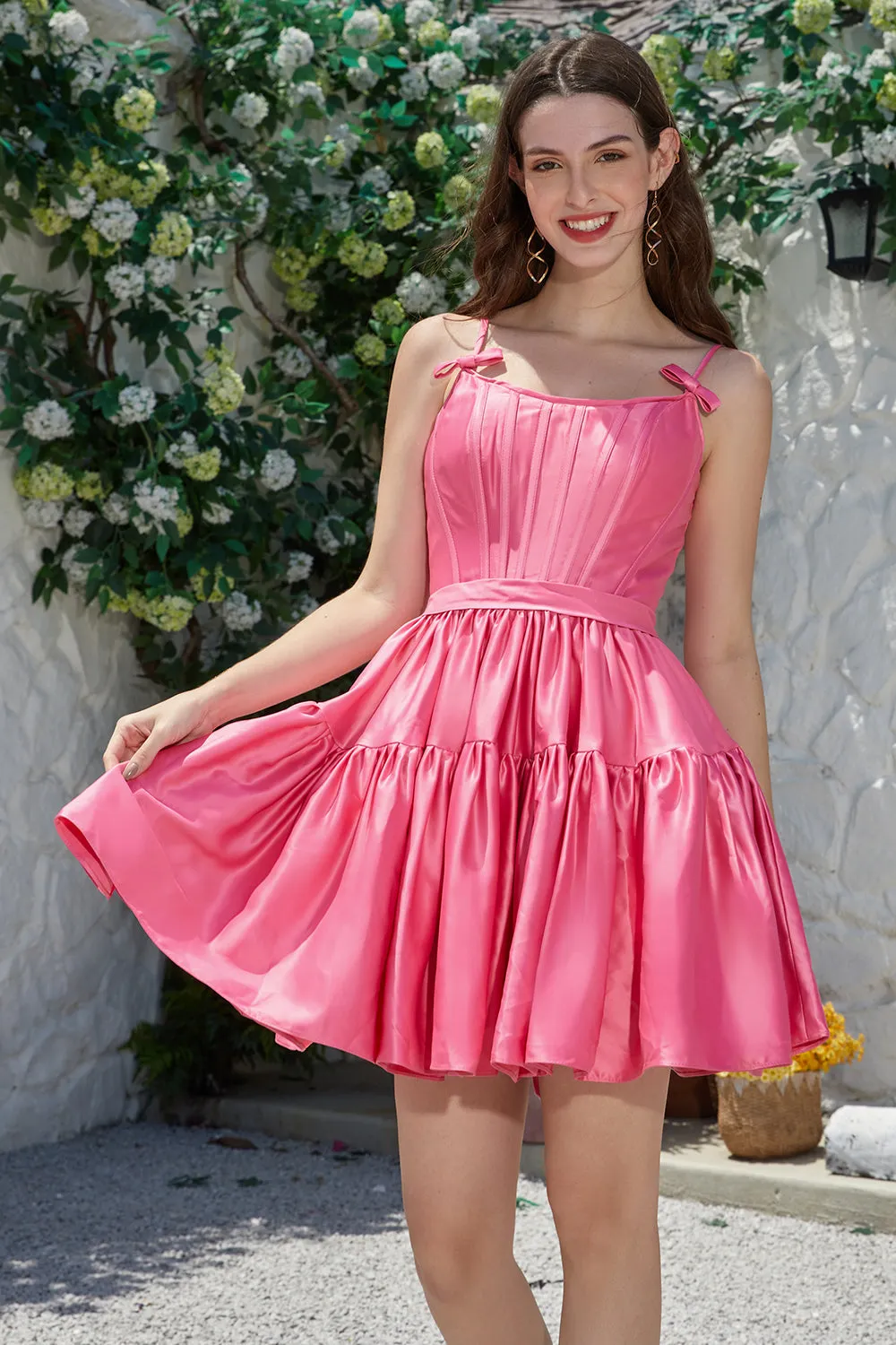 Stylish A-Line Spaghetti Straps Fuchsia Short Homecoming Dress with Bowknot sold by Zapaka
