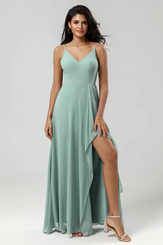 Green Spaghetti Straps Long Bridesmaid Dress with Ruffles sold by Zapaka