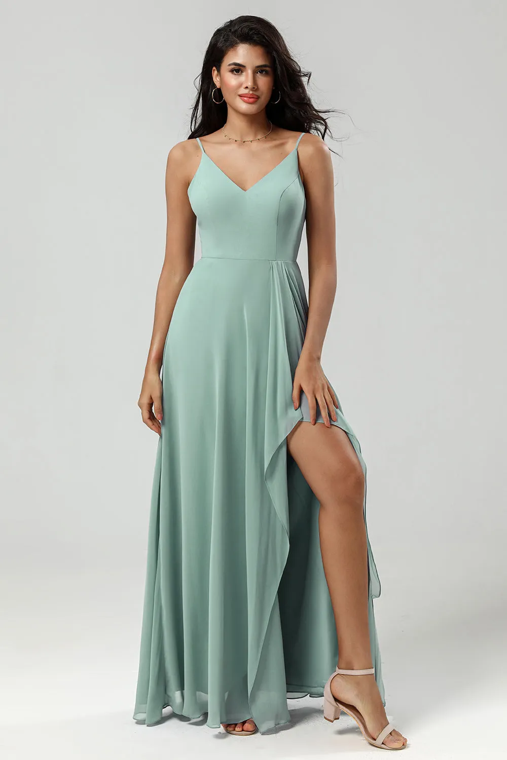 Green Spaghetti Straps Long Bridesmaid Dress with Ruffles sold by Zapaka