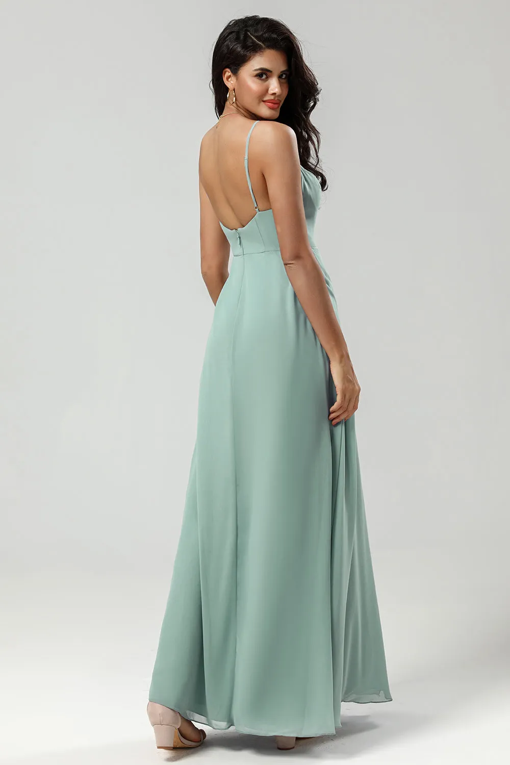 Green Spaghetti Straps Long Bridesmaid Dress with Ruffles sold by Zapaka product image thumbnail 2