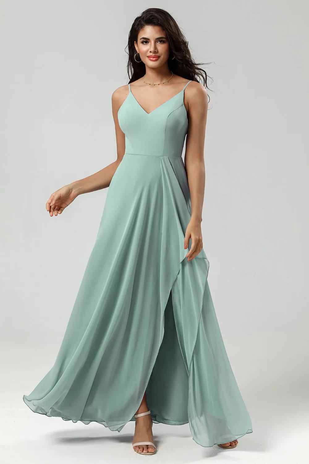 Green Spaghetti Straps Long Bridesmaid Dress with Ruffles sold by Zapaka product image thumbnail 4
