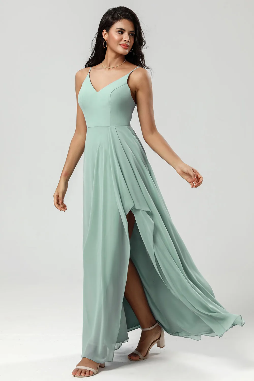 Green Spaghetti Straps Long Bridesmaid Dress with Ruffles sold by Zapaka product image thumbnail 3