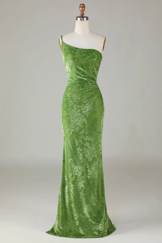Velvet Mermaid One Shoulder Olive Bridesmaid Dress sold by Zapaka