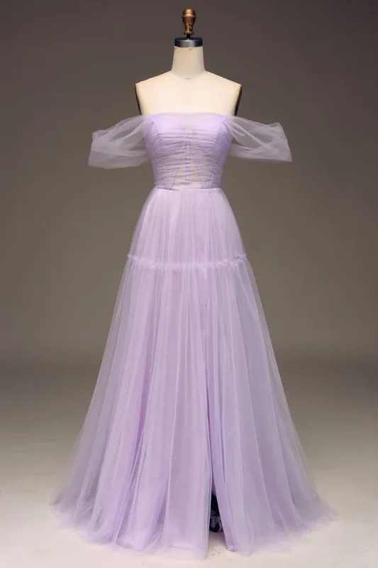 Lilac Off the Shoulder A Line Tulle Princess Prom Dress With Slit sold by Zapaka