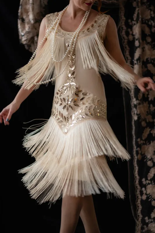 Champagne Gatsby 1920s Dress with Sequins and Fringes sold by Zapaka