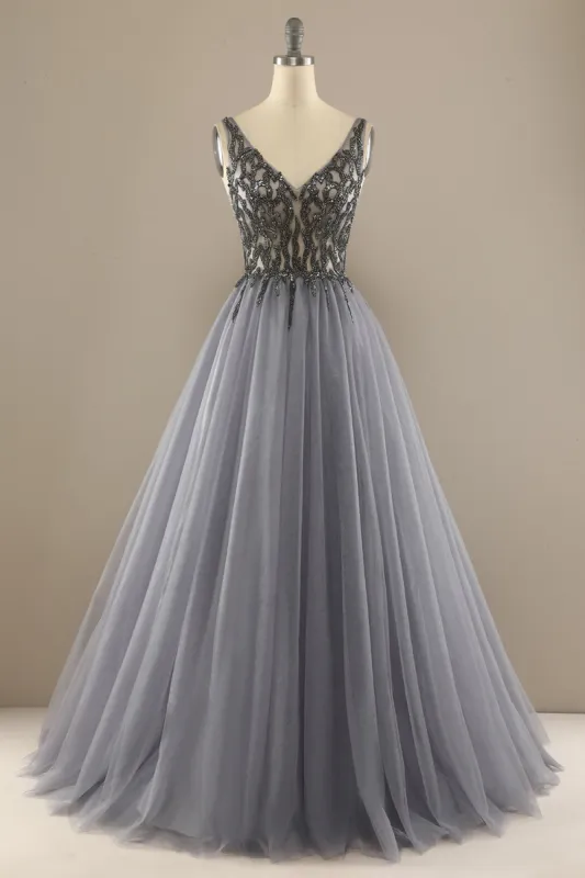 Grey V Neck Long Beaded Prom Dress sold by Zapaka