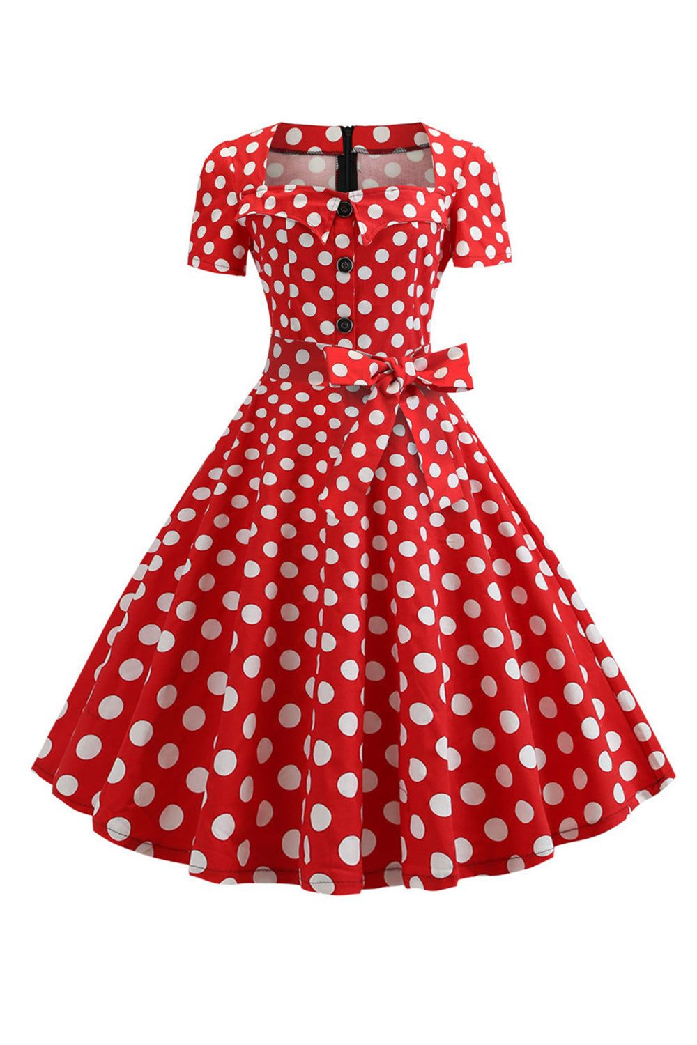 Polka Dots Short Sleeves Red 1950s Swing Dress sold by Zapaka