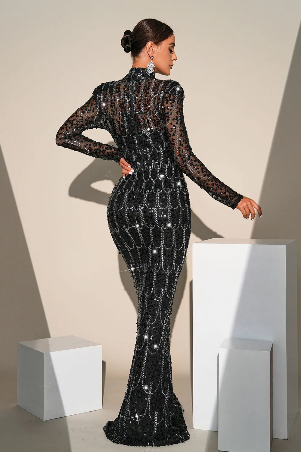 Sparkly Black Sequined Mermaid Prom Dress With Long Sleeves sold by Zapaka product image thumbnail 2