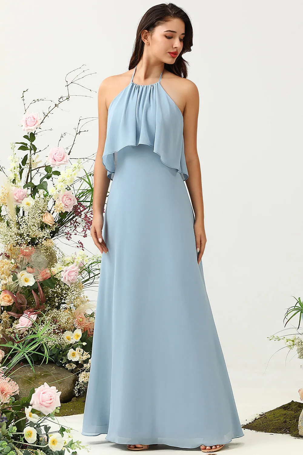 A Line Halter Neck Blue Long Bridesmaid Dress sold by Zapaka product image thumbnail 3