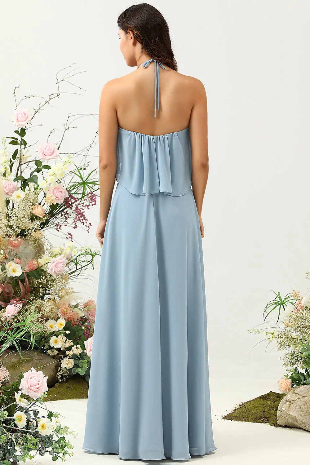 A Line Halter Neck Blue Long Bridesmaid Dress sold by Zapaka product image thumbnail 2