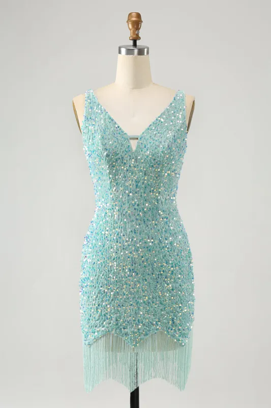 Sparkly Sage Bodycon V Neck Sequin Short Homecoming Dress with Tassel sold by Zapaka