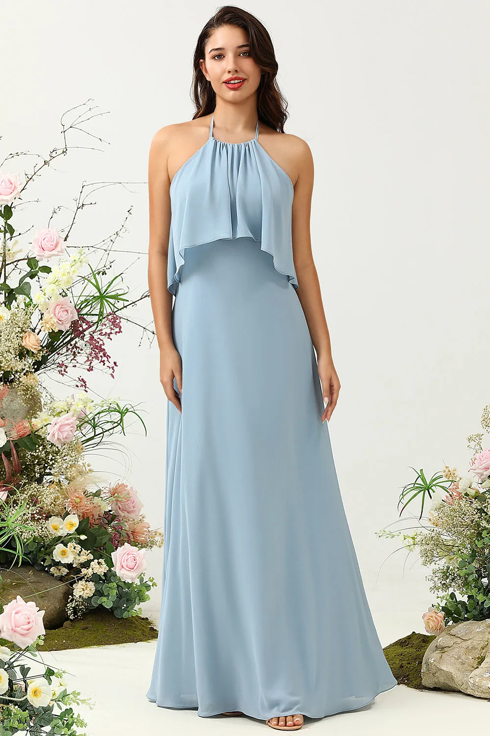 A Line Halter Neck Blue Long Bridesmaid Dress sold by Zapaka