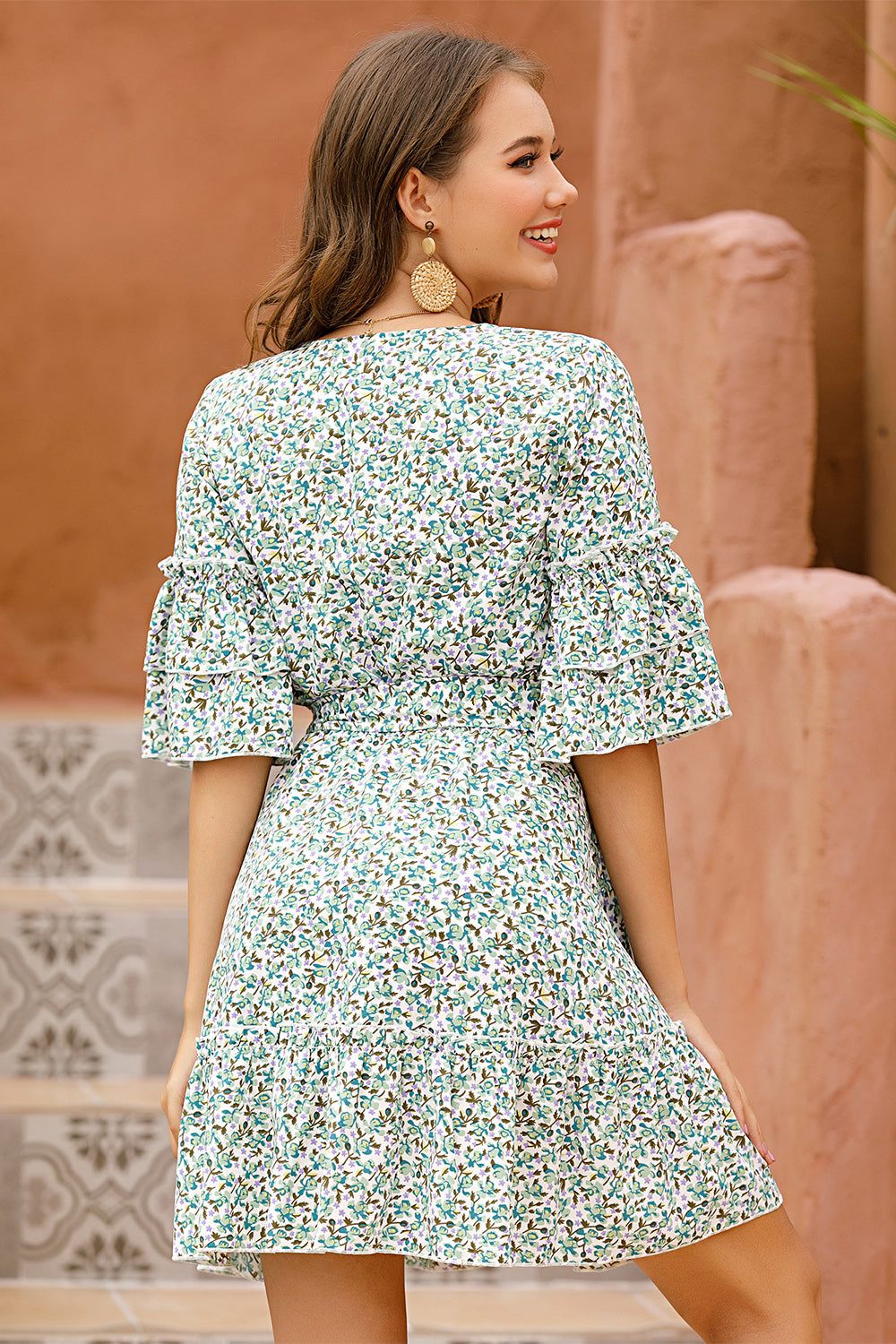 Floral V Neck Flared Sleeves Summer Dress sold by Zapaka product image thumbnail 2