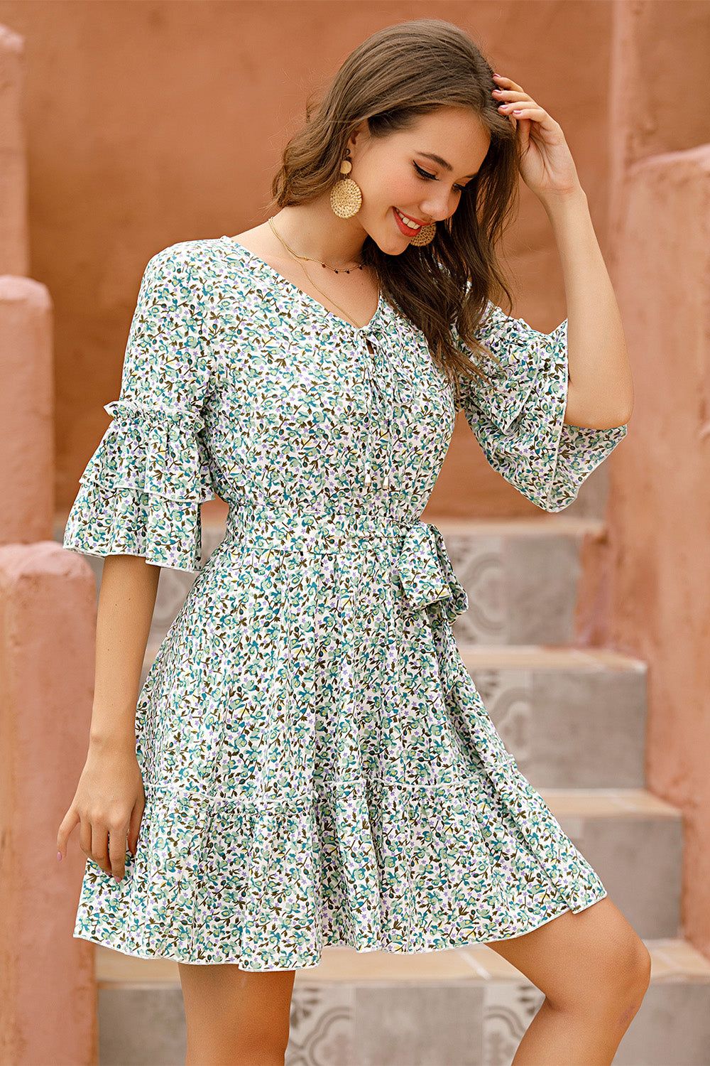 Floral V Neck Flared Sleeves Summer Dress sold by Zapaka product image thumbnail 3
