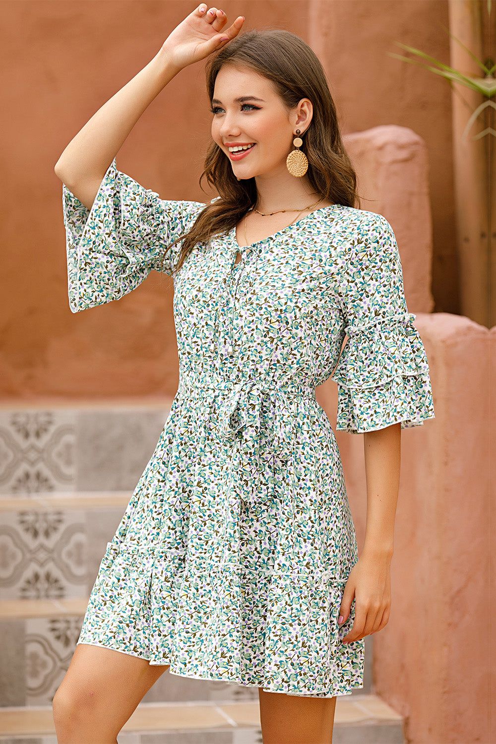 Floral V Neck Flared Sleeves Summer Dress sold by Zapaka product image thumbnail 4