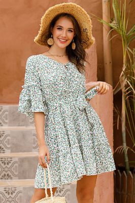 Floral V Neck Flared Sleeves Summer Dress sold by Zapaka
