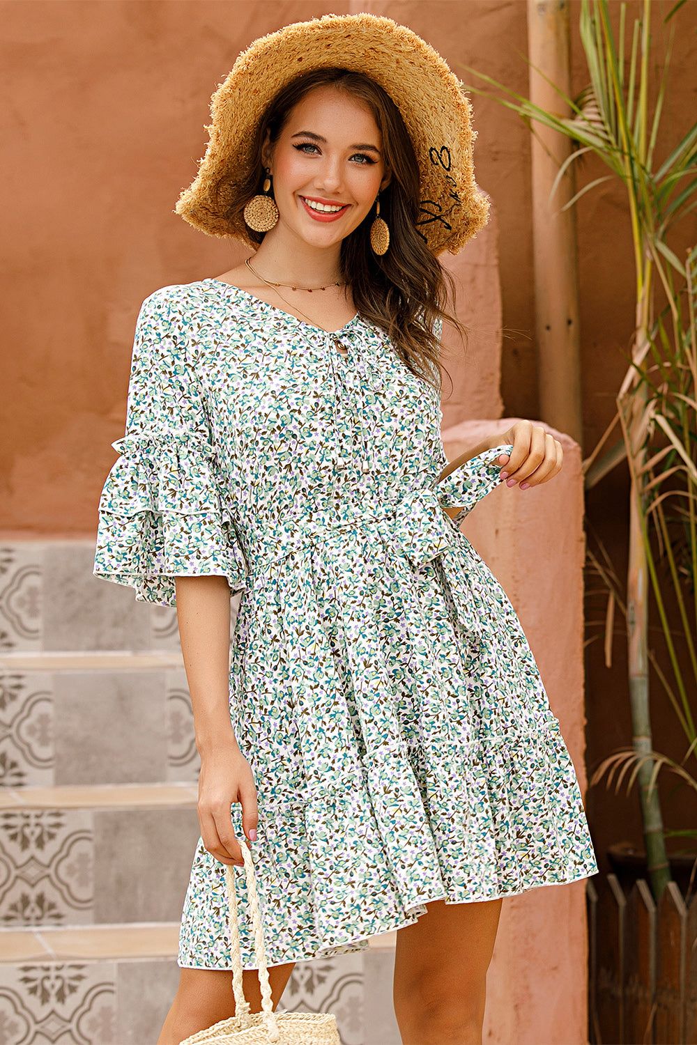 Floral V Neck Flared Sleeves Summer Dress sold by Zapaka