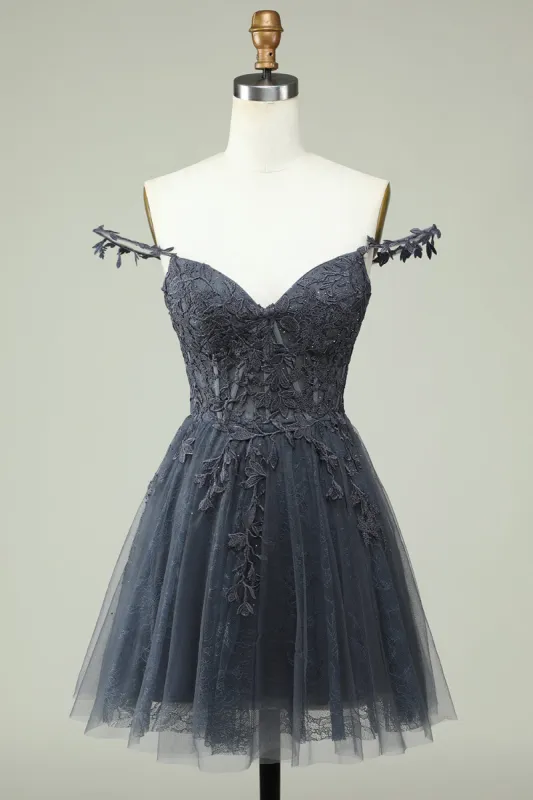 Cute A Line Spaghetti Straps Grey Short Homecoming Dress with Appliques sold by Zapaka