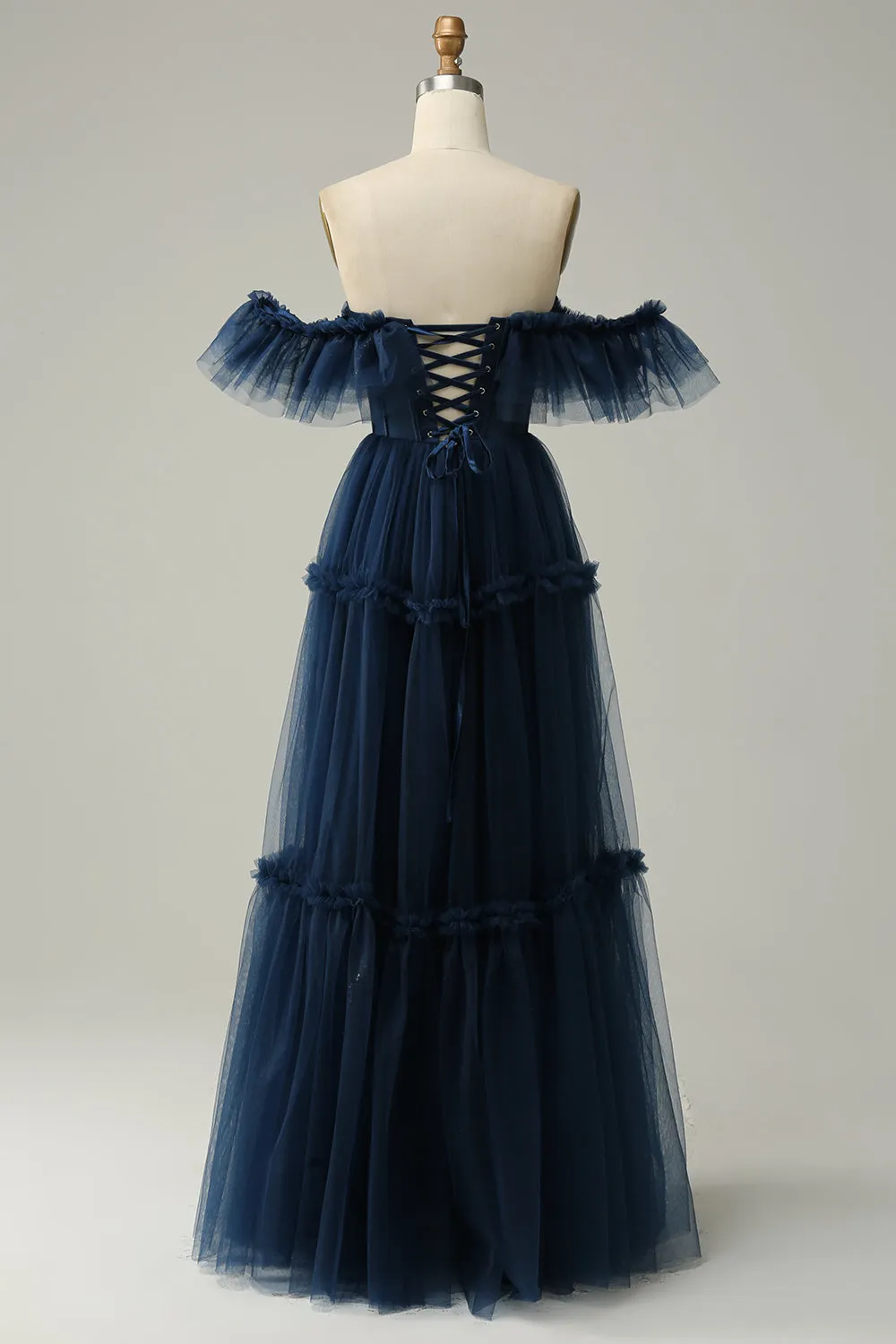 A-Line Off the Shoulder Sweetheart Tulle Navy Long Prom Dress sold by Zapaka product image thumbnail 2