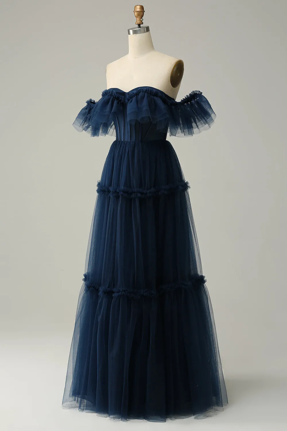 A-Line Off the Shoulder Sweetheart Tulle Navy Long Prom Dress sold by Zapaka product image thumbnail 3