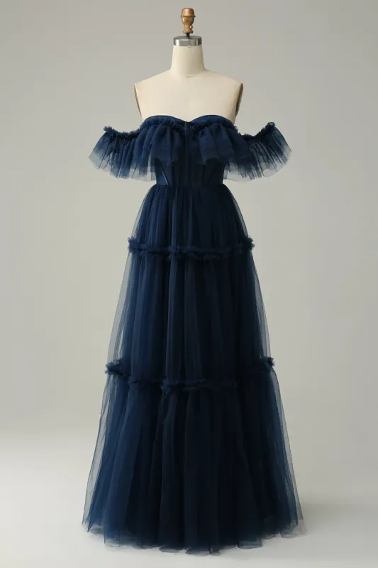 A-Line Off the Shoulder Sweetheart Tulle Navy Long Prom Dress sold by Zapaka