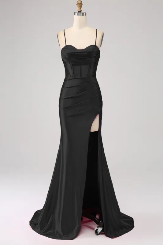 Stunning Black Mermaid Spaghetti Straps Corset Prom Dress with Split Front sold by Zapaka
