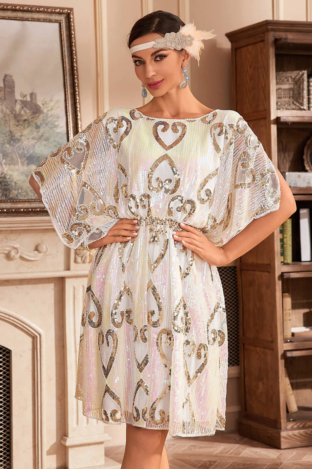 White Sparkly Batwing 1920s Dress with Sequins sold by Zapaka product image thumbnail 3