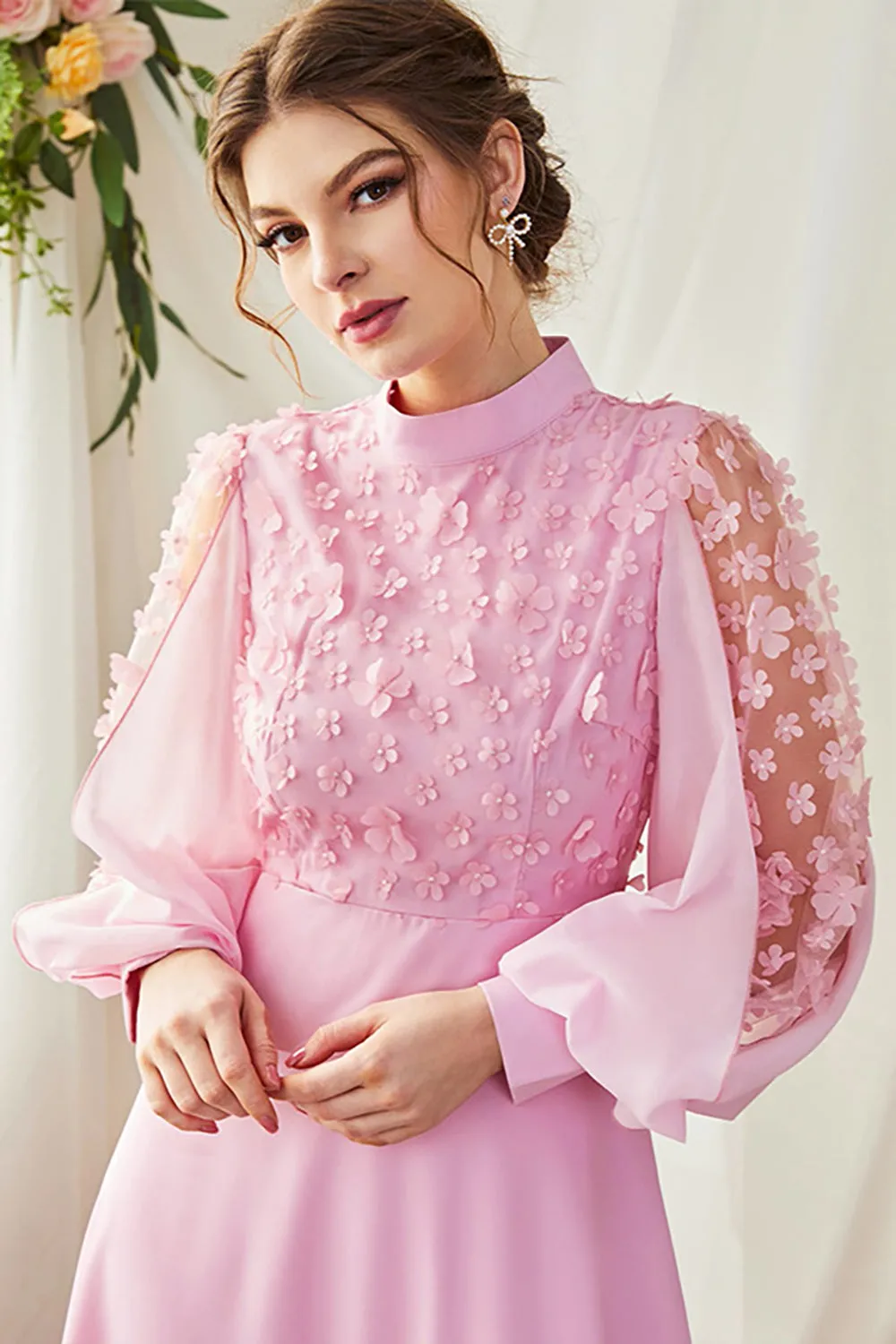 A-Line Long Sleeves Candy Pink Formal Dress with 3D Flowers sold by Zapaka product image thumbnail 4
